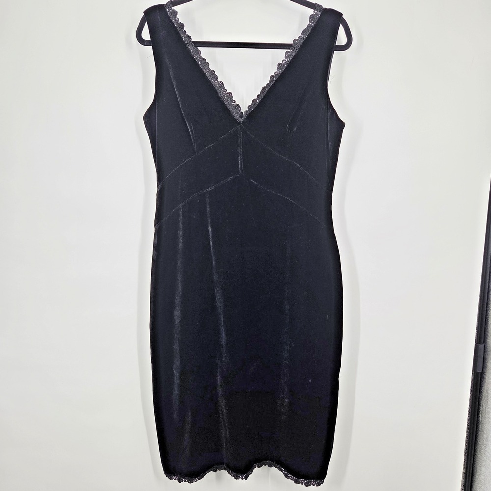 NWT Bloomingdale's Dress Womens 12 Maxi Black Velvet LBD Lace Trim V Neck Sheath